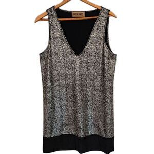 Karen Zambos Shift Dress Tunic Sz M‎ Metallic Faux Suede Trim Glittery Sparkler